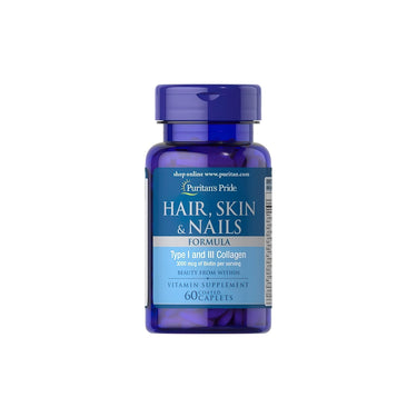 A bottle of Puritan's Pride Hair, Skin and Nails 60 Coated Caplets.